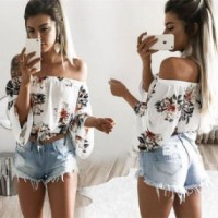 Amazon Hot Sale Women off Shoulder Printed Flowers T-Shirt