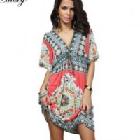 Women Vintage V-Neck Strappy Waist Floral Print Casual Dress (50117)