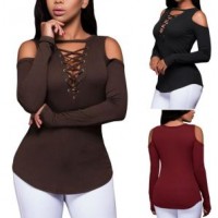 2018 Good Quality off Shoulder V-Neck Long Sleeve T-Shirts