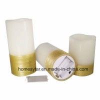 Gold or Silver Brushed Wax Pillar Candles; Yellow Flickering LED Flameless Candles