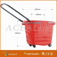 60L Supermarket Plastic Shopping Basket With 4 Wheels