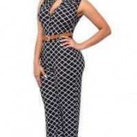 Lattice Print Belted Wide Leg Jumpsuit