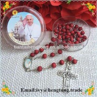 7mm Red Wooden Beads Rosary  Perfume Rose Scent Rosary Necklace With Pope Francisco Center And Cross