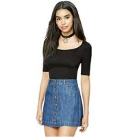 Woman High Waist A Line Button Down Blue Denim Short Short Skirt No Underwear