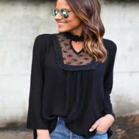 Spring New Design Open Hot Sexy Women's Solid Long Sleeve Lace Normal Chiffon Blouse