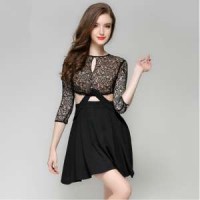 Woman 3/4 Sleeve Black Lace And Chiffon Sexy Flare Prom Dress