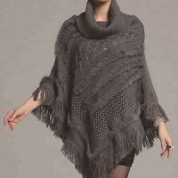 Europe Style Knitted Acrylic Shawl With Real Rabbit Fur For Lady Winter Fashion