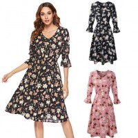 Amazon Spring Flared Sleeve V-Neck Print Chiffon Dress