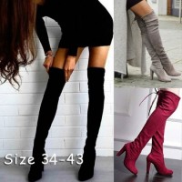 Women Faux Suede Block Thick Heel Over The Knee Boots