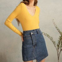 Cute Asymmetric Denim Mini Skirt with Cross Over Button Closure