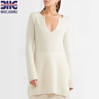 Women's Pure Cashmere Ribbed Knitted V Neck Oversized Pullover Sweater for Ladies