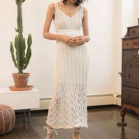 Women Elegant Long off White Crochet Knit Tank MIDI Dress