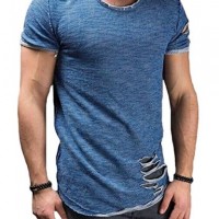 Men's Short Sleeve Crew Neck Slim Fit Fitness T-Shirt Tops with Ripped Holes