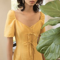 Lady Fashion Causal Dresses Women Pretty Mustard Linen Dress