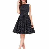 Women Boatneck Sleeveless Vintage Print Daily Black White DOT Dress