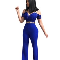 L55706 Sexy Spaghetti Straps off The Shoulder Blue One-Piece Jumpsuit (Without Belt)