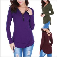 V-Neck Large Size 10 Color Womens Loose T-Shirt Casual Solid Color Zipper Tops Women's Shirt