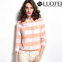 Lady Long Sleeve Scalloped Hem Striped Blouse Shirt图1