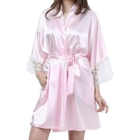 Satin Kimono Robes for Women Silky Sleepwear with Lace Trim Nightgown Short Pure Color Bathrobes