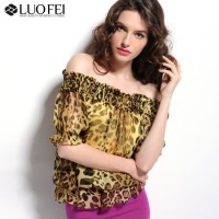 Women Leopard Chiffon off Shoulder Blouse with Ruffles