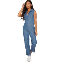 L55705 Casual Sleeveless Straight Lapel Denim Jumpsuit