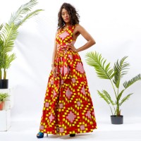 African Summer High-Waist Maxi Ankara Fashion Cross-Back Sleeveless Evening Dress