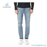 Professional Manufacture Men Denim Jeans with Whiskered Stone Wash Frayed Leg and Holes (pants E. P.