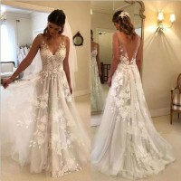 2019 Bridal Gowns Lace V-Neck A-Line Tulle Wedding Dress A095