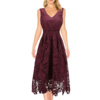 Women Summer Lace Sleeveless V Neck Birthday Cocktail Party Bridesmaid Dress