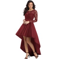 Womens Long Sleeve Lace High Low Satin Prom Evening Cocktail Party Dress