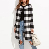 Checkered Open Front Collarless Coat