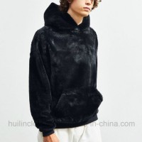 Mens Long Sleeves Kangaroo Pocket Pullover Faux Fur Hoodie Sweatshirt Black