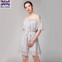 Women's 100% Silk off Shoulder Short Sleeve Chiffon Fashion Elegant Dresses with Belt