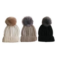 Lady Winter Fashion Warm Chunky Bobble Hat Cap with Faux Fur Pompom