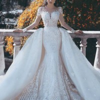 Long Sleeves Lace Bridal Dress Dismountable Train Wedding Ball Gowns E15119