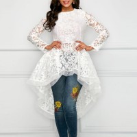 High Low Long Sleeve Round Neck Lace Blouse