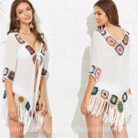 Womens Fringe Hem Hollow out Crochet Beachwear Kimono