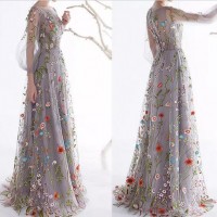 A-Line Flora Evening Dress Puffy Long Sleeves Embroidery Prom Gowns Lb1836