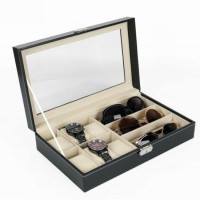 High Grade PU Leather 6 Slots for Watch Packaging and 3 Slots for Sun Glasses Storage Box  Display B