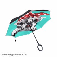 Straight Custom Cute Dog Printing Inverted Umbrella with Reflective Edge