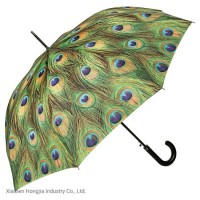 Special Blue Peacock Feather Printing Waterproof Polyester Canopy Straight Umbrellas for Rain Shade