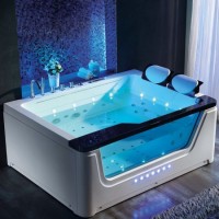 Modern Luxury 2 Person Acrylic Double Whirlpool Tempered Glass Bathtub