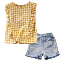 Toddlers Summer Clothing Set Flare Sleeve Plaid Tops + Sunflower Denim Shorts Outfit Kids Casual Wea