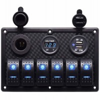 6 Gang Marine Boat Rocker Switch Panel with Dual USB Charger Socket + Digital Voltage Display + 12V