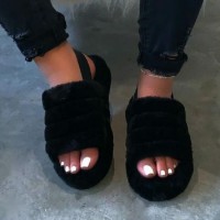 Women Fur Wedge Slippers with Ankle Elastic Band Open Toe Winter Slides Home Slipper Plush Slip-on F