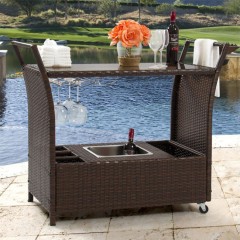 Patio Wicker Trolley Serving Bar Cart with Ice Bucket  Wine Rack-Brown图1