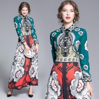 Spring Summer Fall Vintage Print Collar Womens Maxi Dress