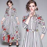 Spring Summer Fall Vintage Print Collar Womens Maxi Dress