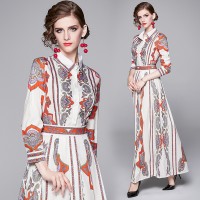 Spring Summer Fall Vintage Print Collar Womens Maxi Dress