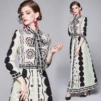 Spring Summer Fall Vintage Print Tie Neck Womens Maxi Dress